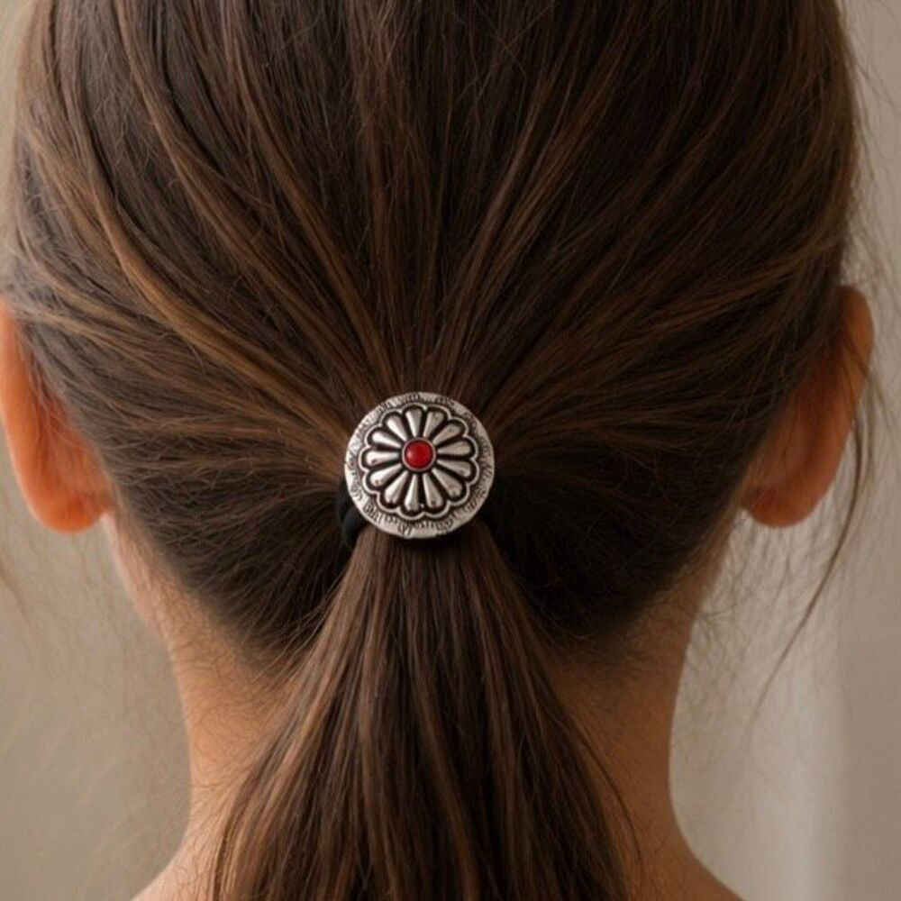Kids Concho Hair Tie – Small Western Medallion with Red Accent Stone